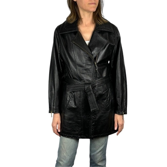 VINTAGE PROMODA GENUINE LEATHER BLACK CLASSIC ASYMMETRIC ZIP FRONT BELTED JACKET - Picture 1 of 16